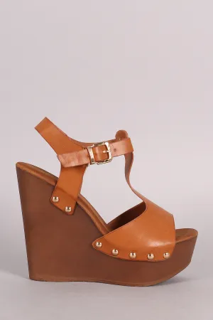 Studded T-Strap Faux Wooden Platform Wedge