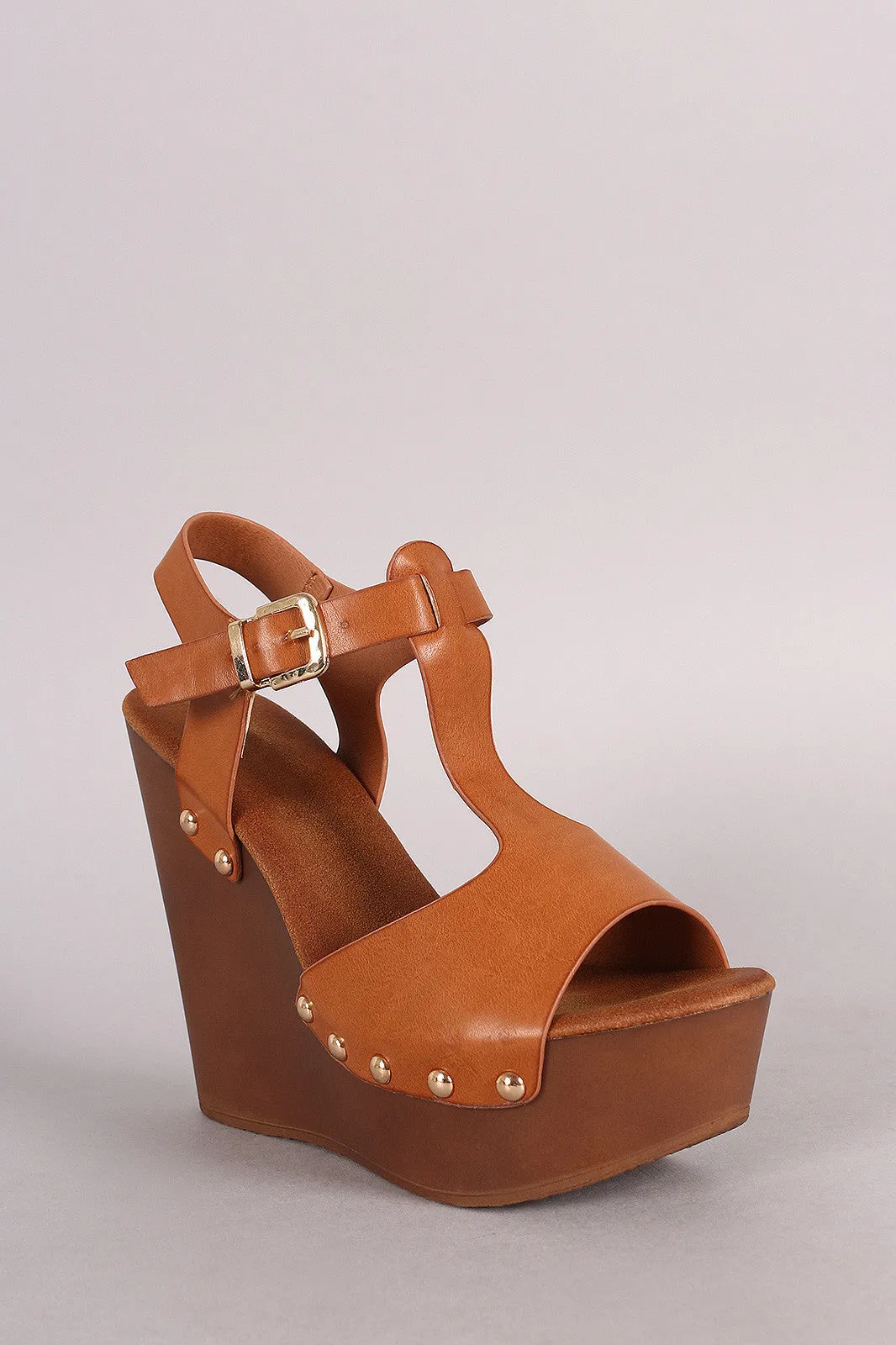 Studded T-Strap Faux Wooden Platform Wedge