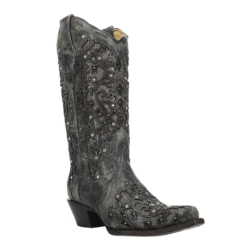 Studded Tooled-Inlay Snip Toe Cowboy Boots