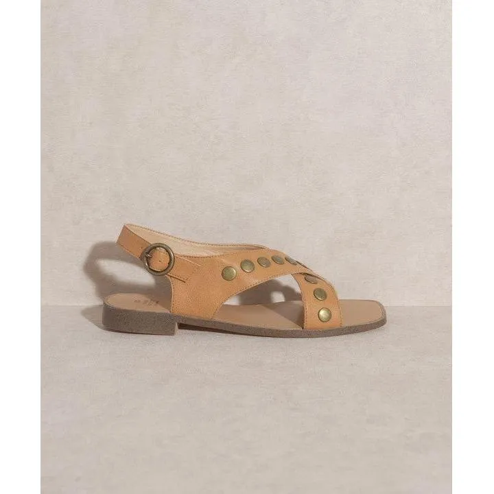 The Studded Cross Band Sandal in Black or Tan