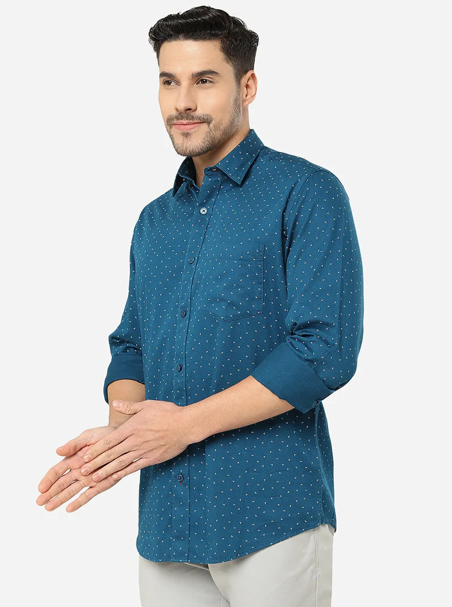 Turkish Blue Printed Slim Fit Casual Shirt | JadeBlue