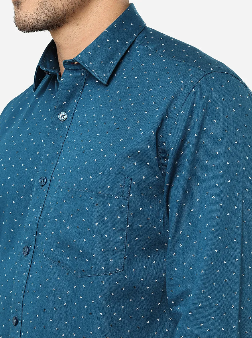 Turkish Blue Printed Slim Fit Casual Shirt | JadeBlue