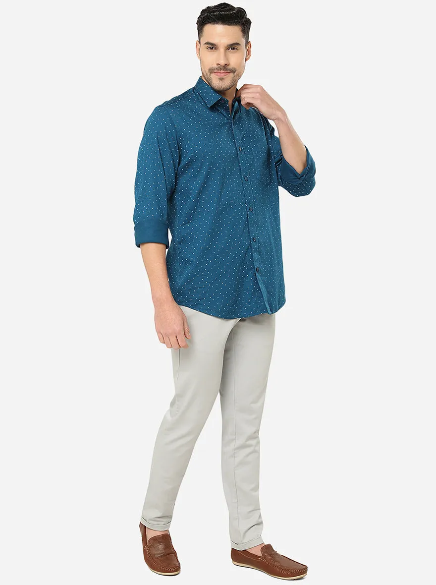 Turkish Blue Printed Slim Fit Casual Shirt | JadeBlue