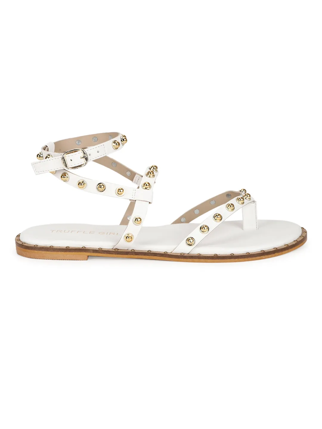 White PU Studded Flat Sandals (TC-ST-1209-WHT)