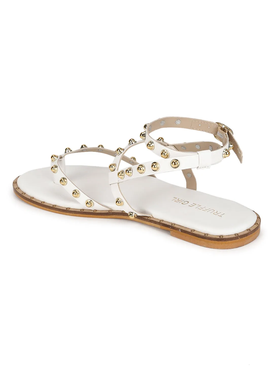 White PU Studded Flat Sandals (TC-ST-1209-WHT)