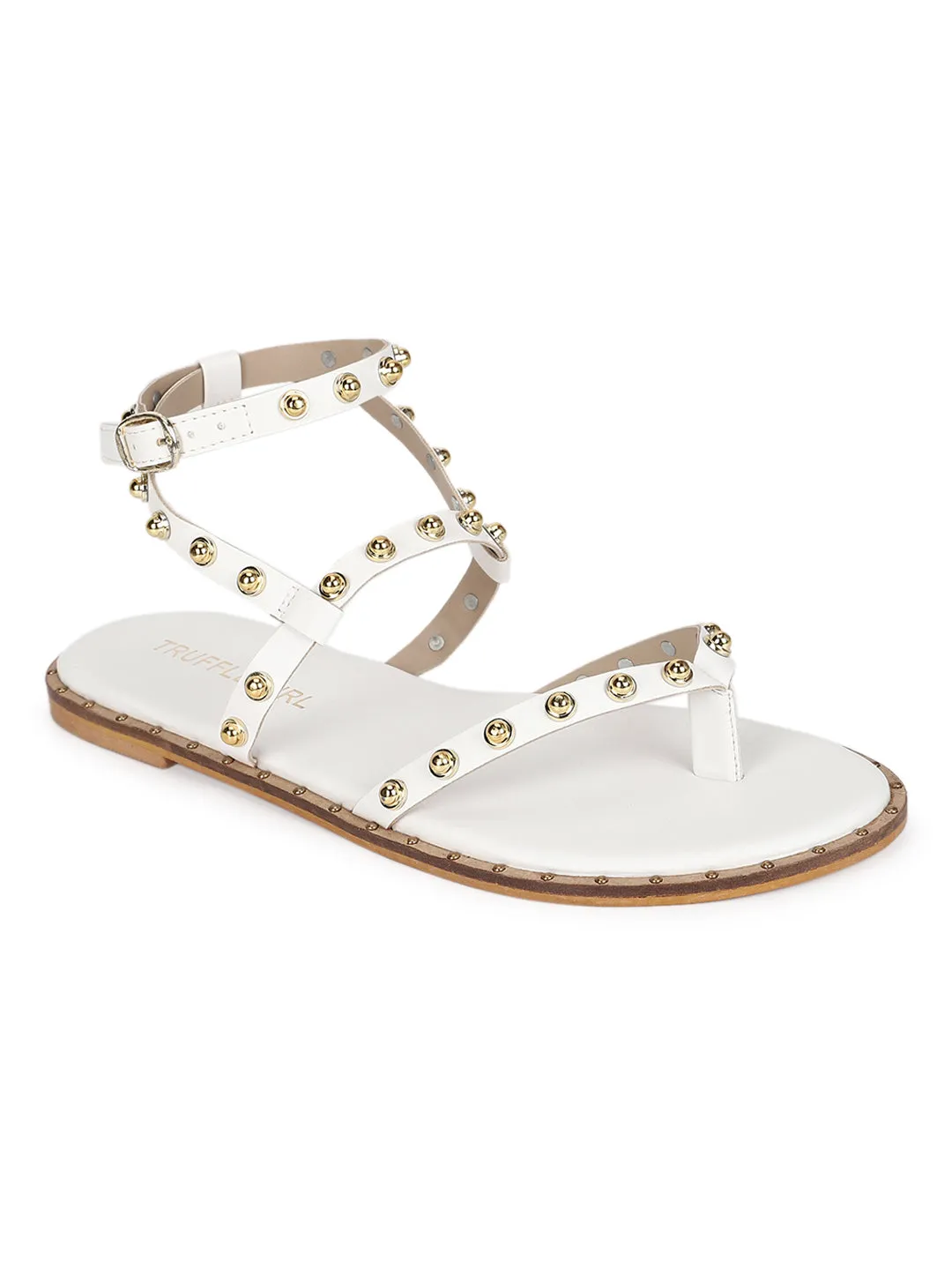 White PU Studded Flat Sandals (TC-ST-1209-WHT)