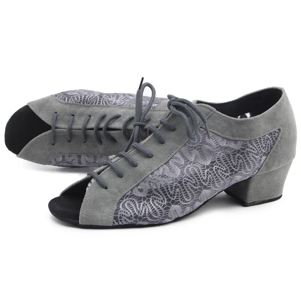 Women Ballroom Dancing Shoes Ladies Tango Latin Practice Dance Shoe Suede Sole Lace-up Open-toe Gray