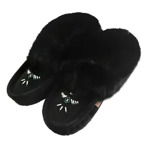 Women's Rabbit Fur Thunderbird Beaded Crepe Sole Moccasins Black