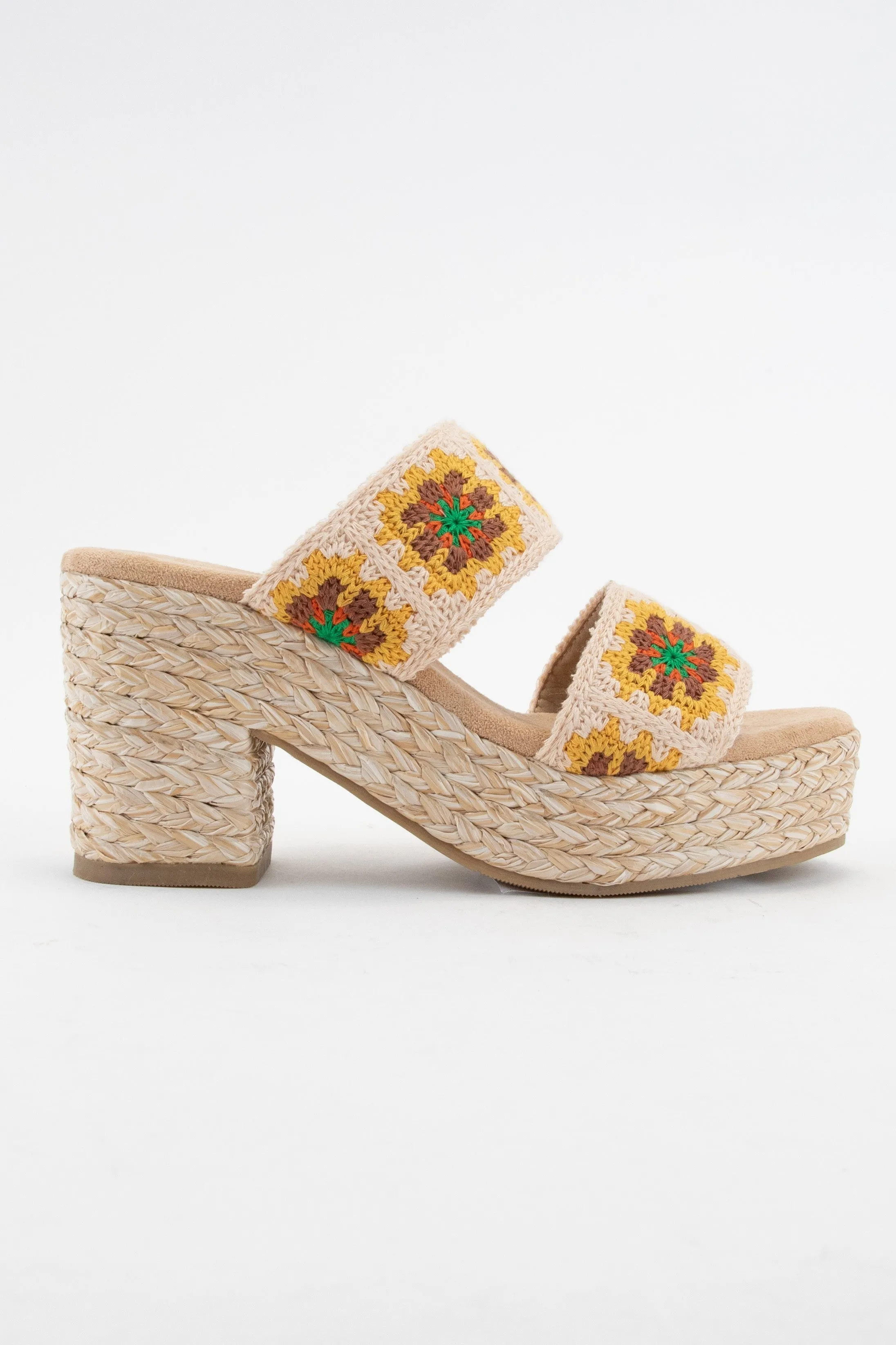 Yellow Shirin Flower Crochet Double Strap Platform Heel