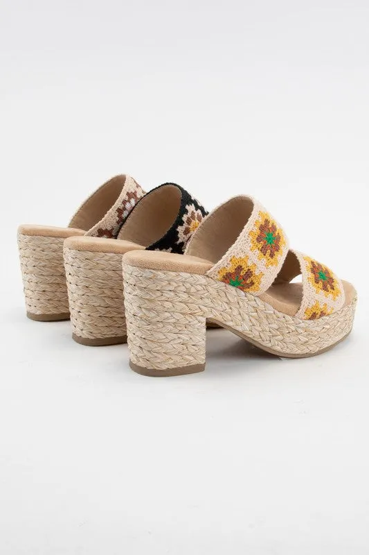 Yellow Shirin Flower Crochet Double Strap Platform Heel