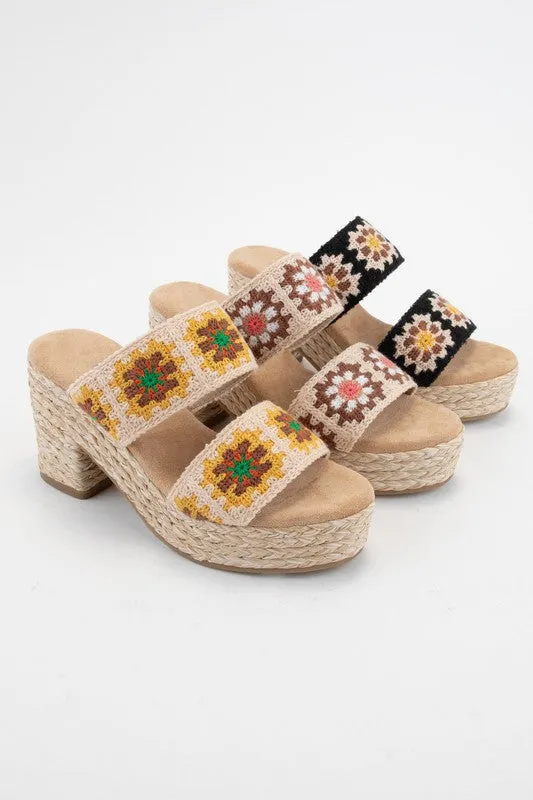 Yellow Shirin Flower Crochet Double Strap Platform Heel